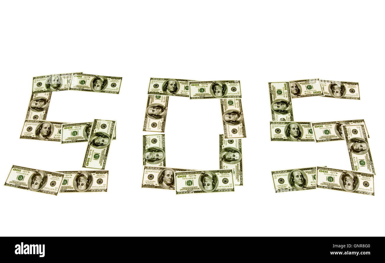 Needing Financial Help.  Money in SOS design with concept of needing financial help. Shot on an angle and isolated on white. Stock Photo