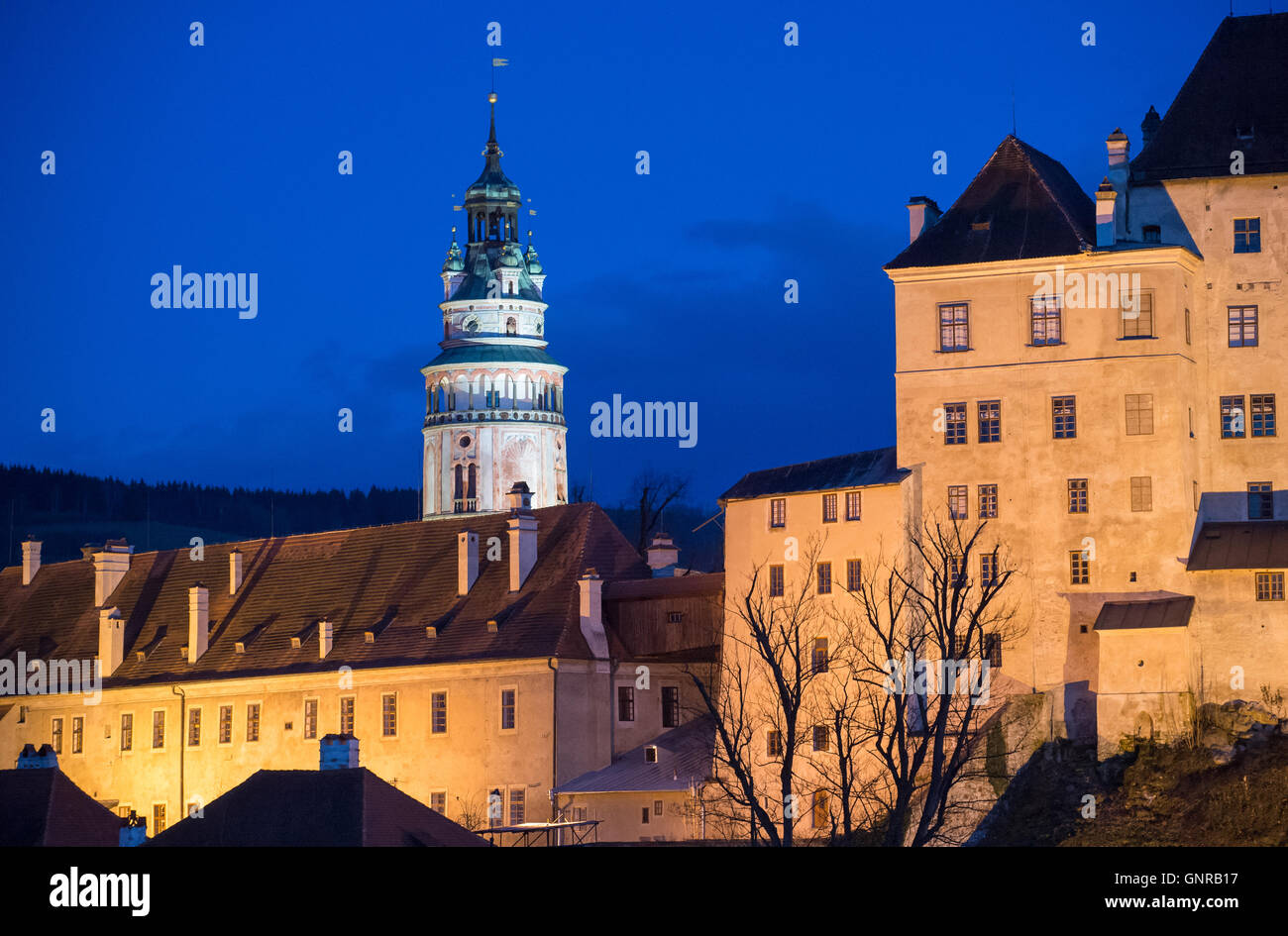 Cesky Krumlov, Czech Republic, ÄŒeskÃ½ Krumlov Castle with Castle Tower at night Stock Photo