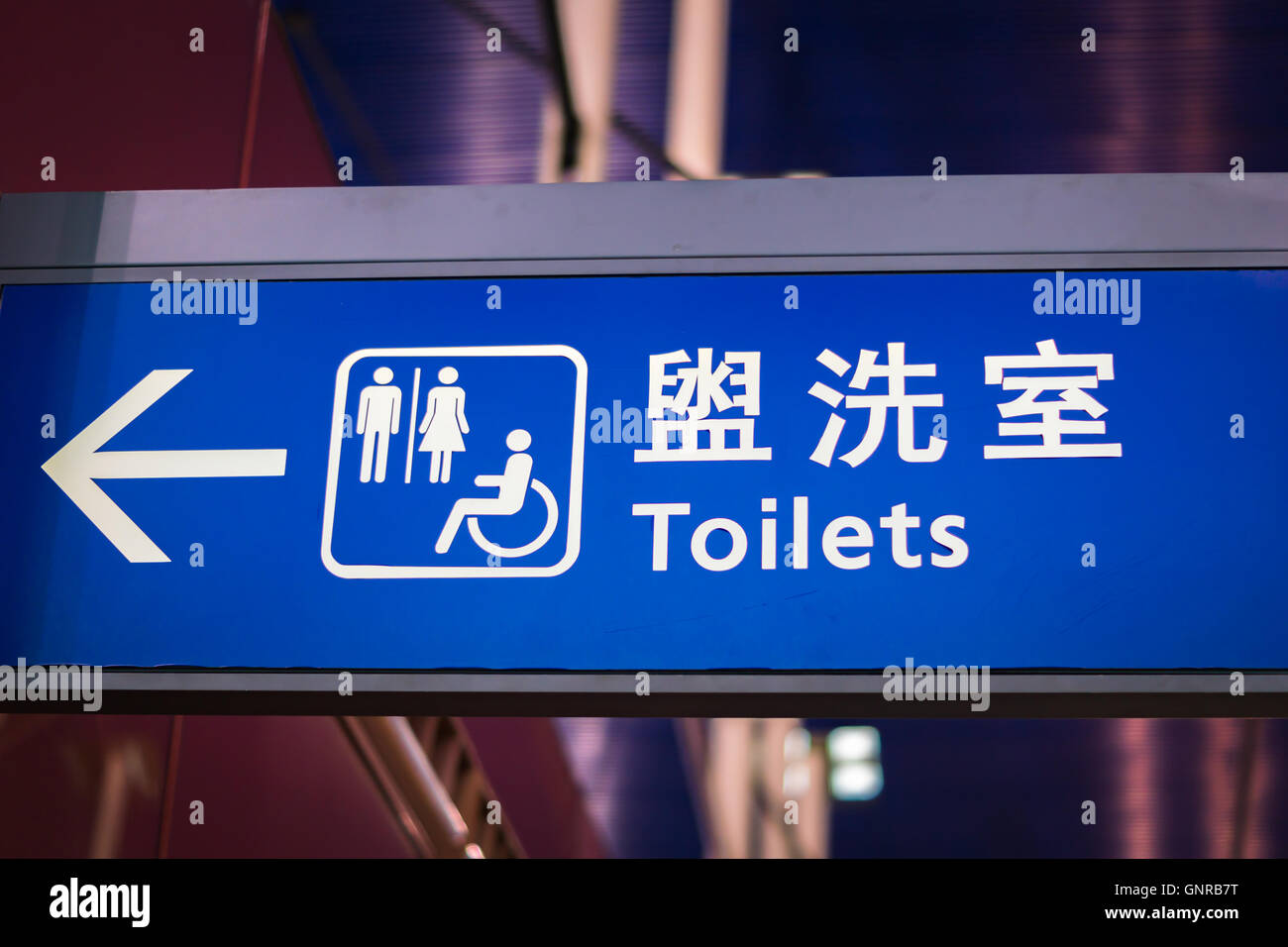 Toilet sign and icon for men, women and disabled, in English and Chinese at airport Stock Photo