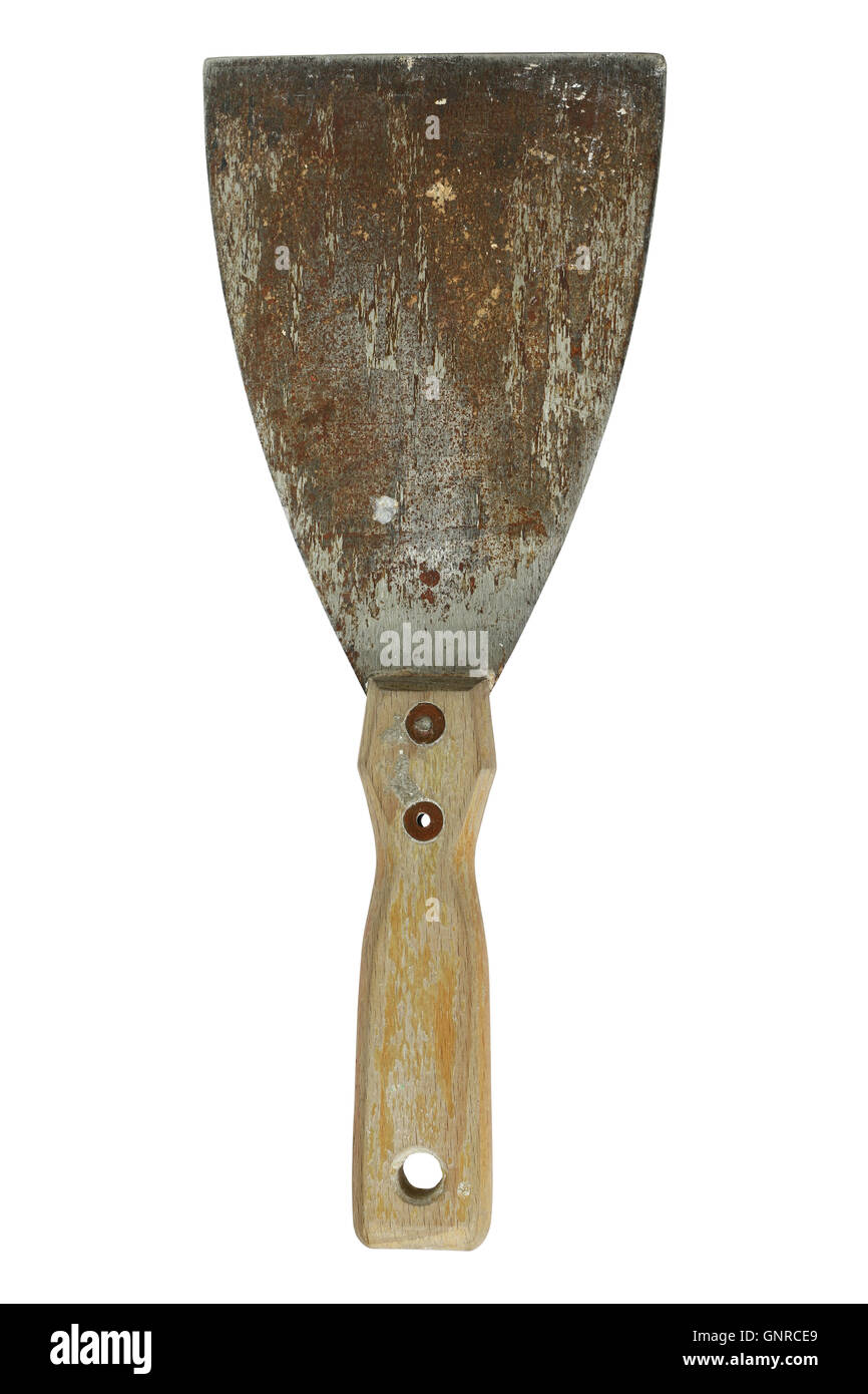 Masonry tool - old and used spatula on white background Stock Photo