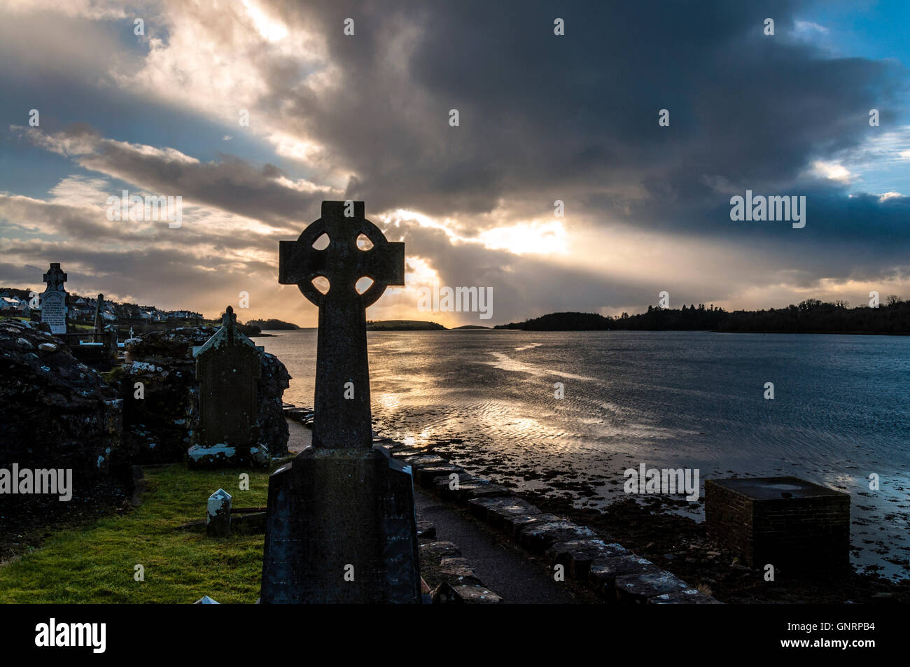 Celtic Cross gravestone, Abbey Cemetery, Donegal Town, County Donegal, Ireland Stock Photo