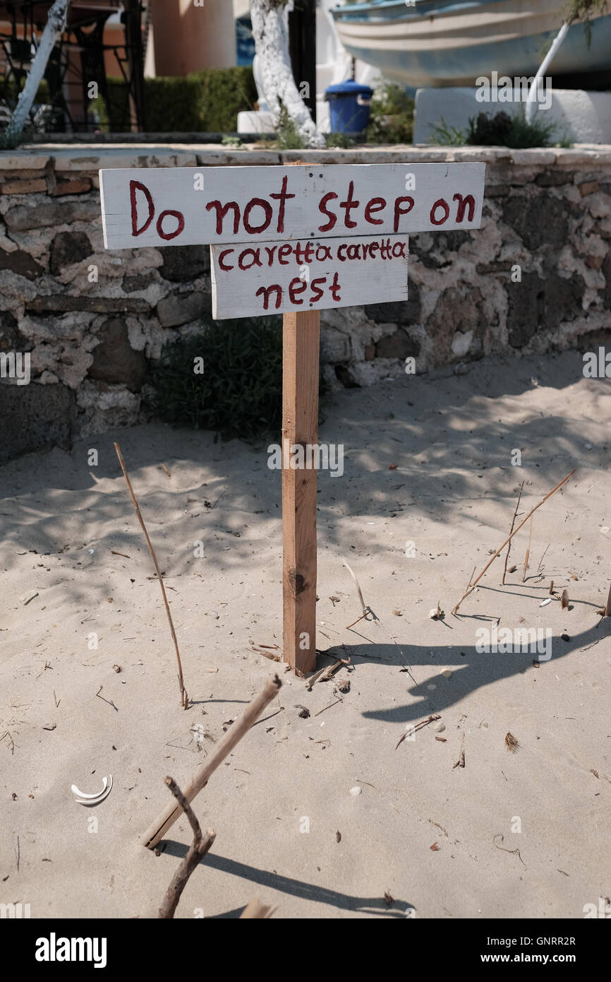 Warning marking out a Turtle nest on a beach in Zante Greece Stock Photo