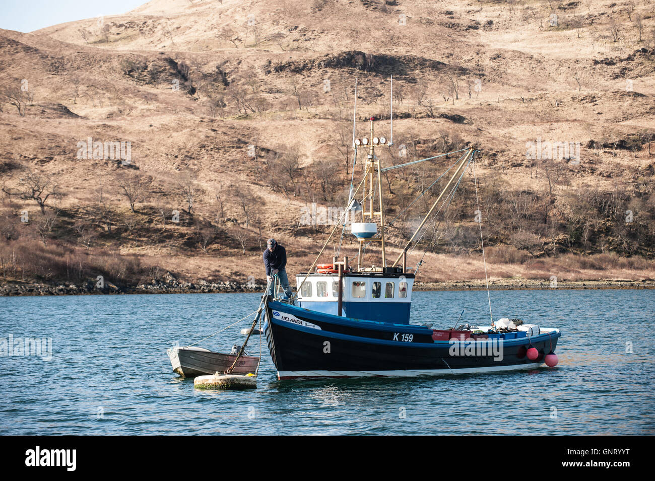 Tobermory, United Kingdom, shell fishing with his cutter off the Isle of Mull Stock Photo