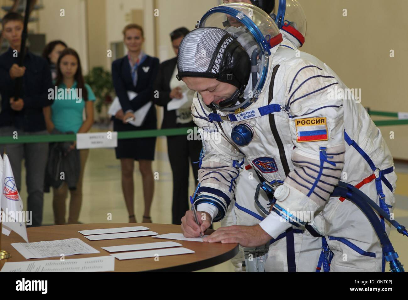 International Space Station Expedition 49-50 backup crew member Russian cosmonaut Alexander Misurkin signs in for final qualification exams at the Gagarin Cosmonaut Training Center August 30, 2016 at Star City, Russia. Stock Photo
