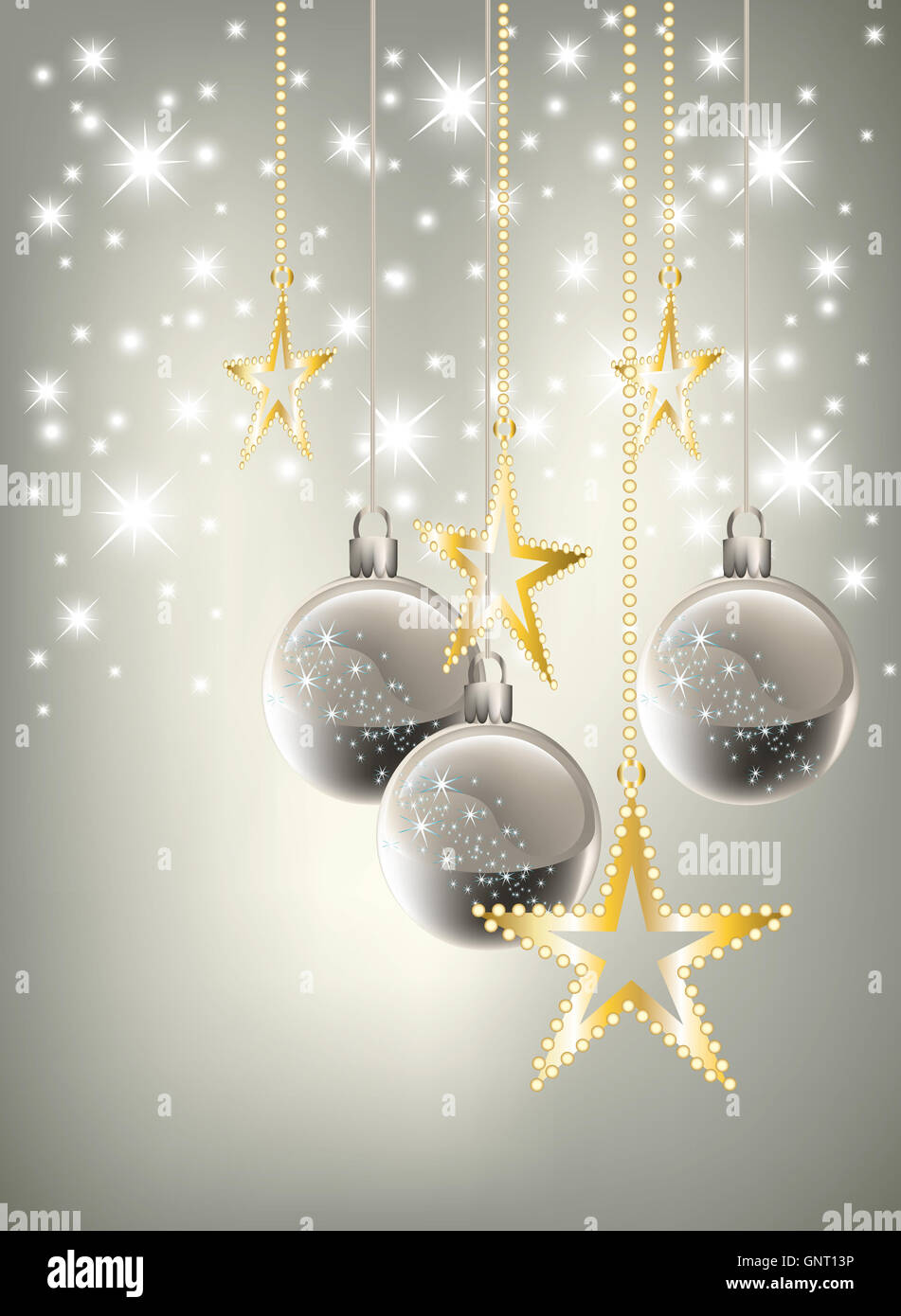 Bright silver graded Christmas background with silver baubles and bright  stars Stock Photo - Alamy, image size:951x1390