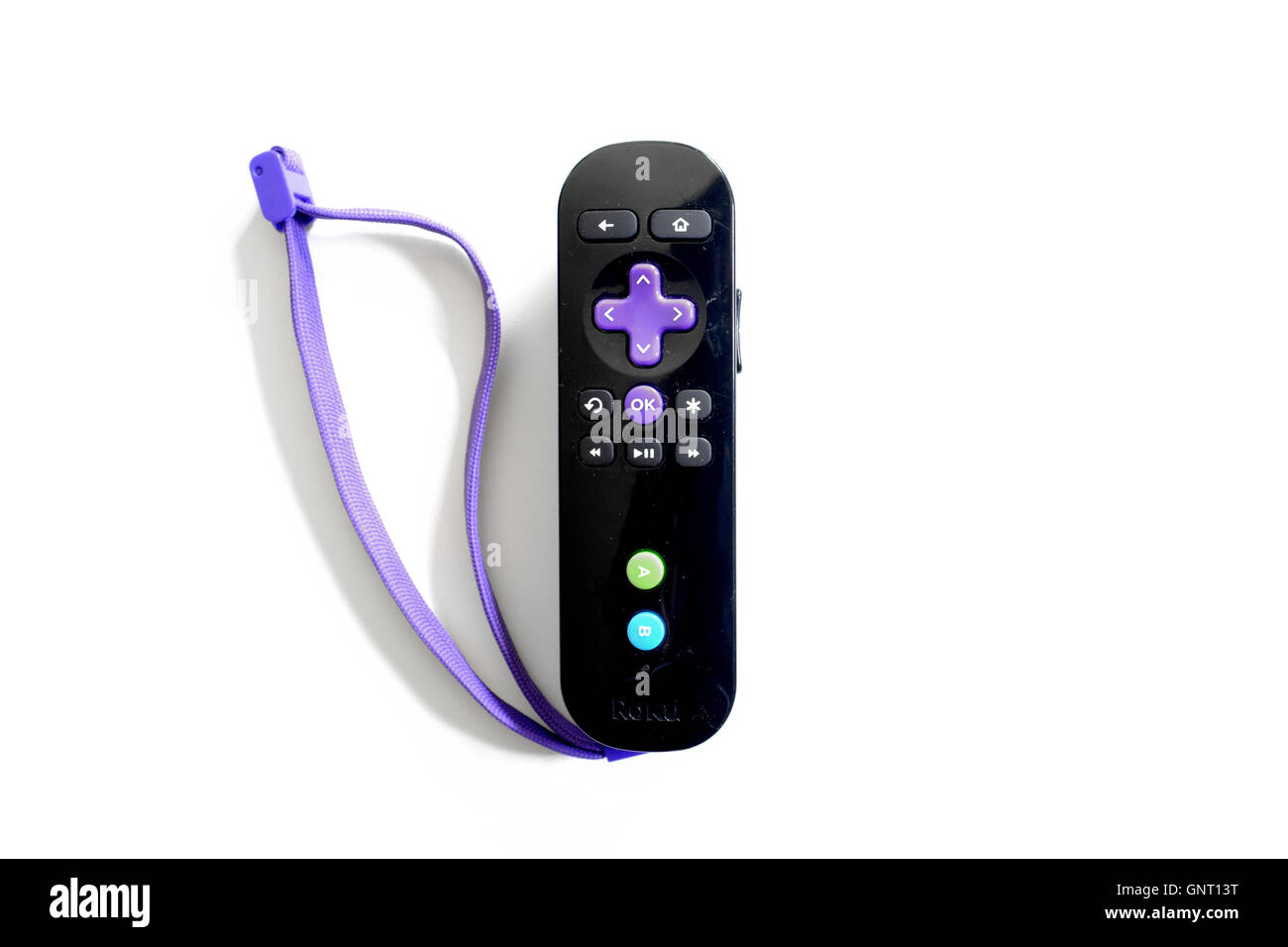 A Roku 3 remote control photographed against a white background. Stock Photo