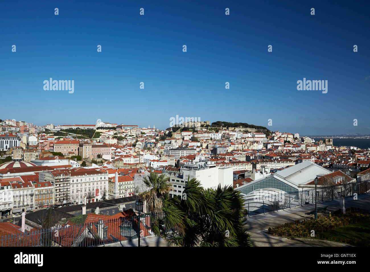 Lisbon, Portugal, view over the city center Baixa with the Castle Hill Stock Photo