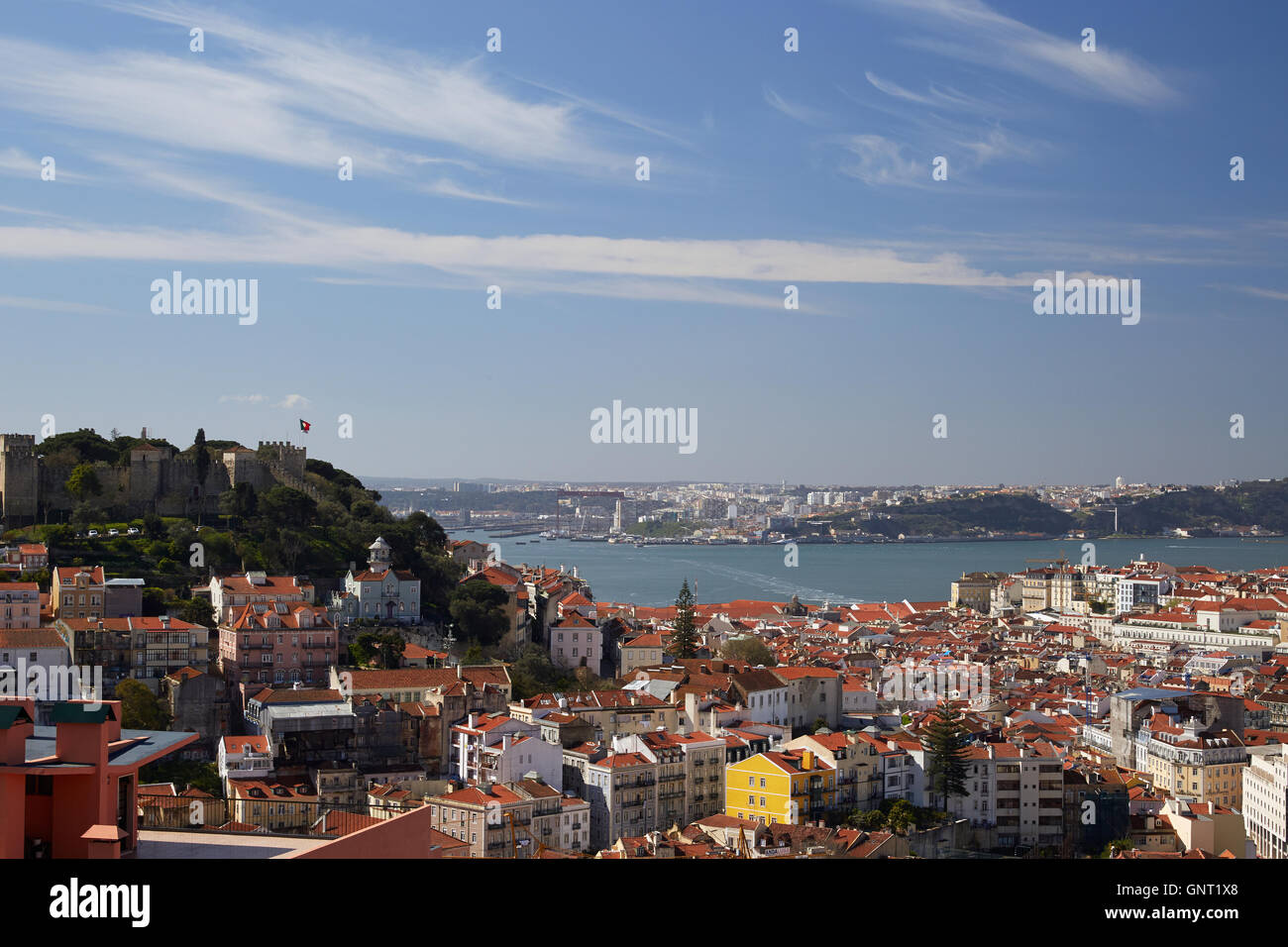 Lisbon, Portugal, view over the Neighborhood Mouraria and the Tagus River Stock Photo