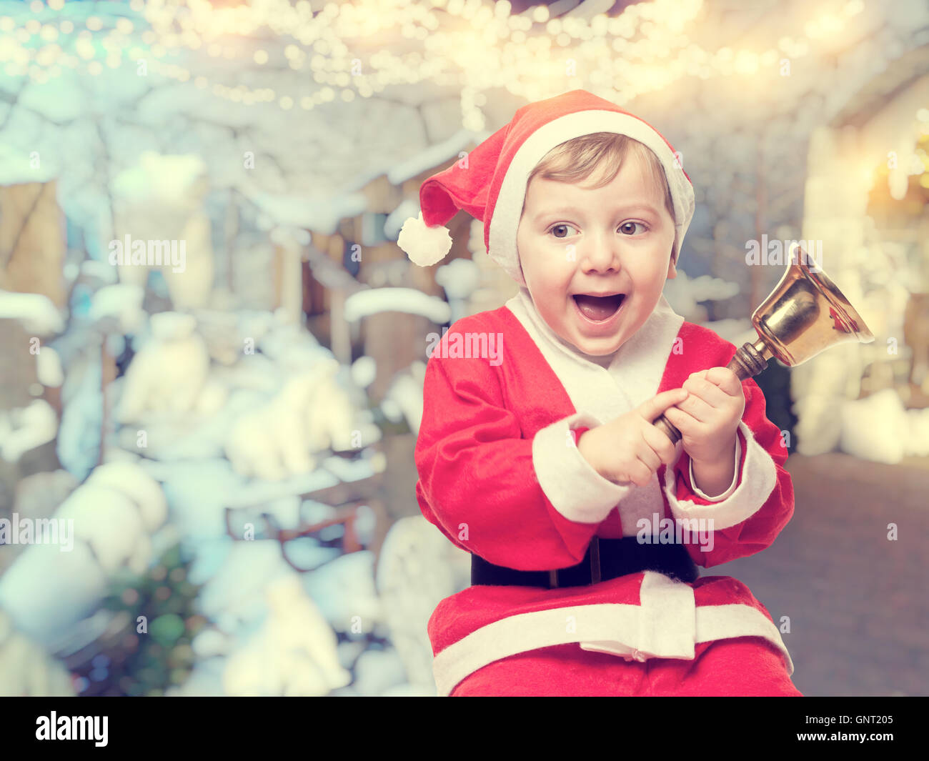 happy santa claus kid with ball Stock Photo