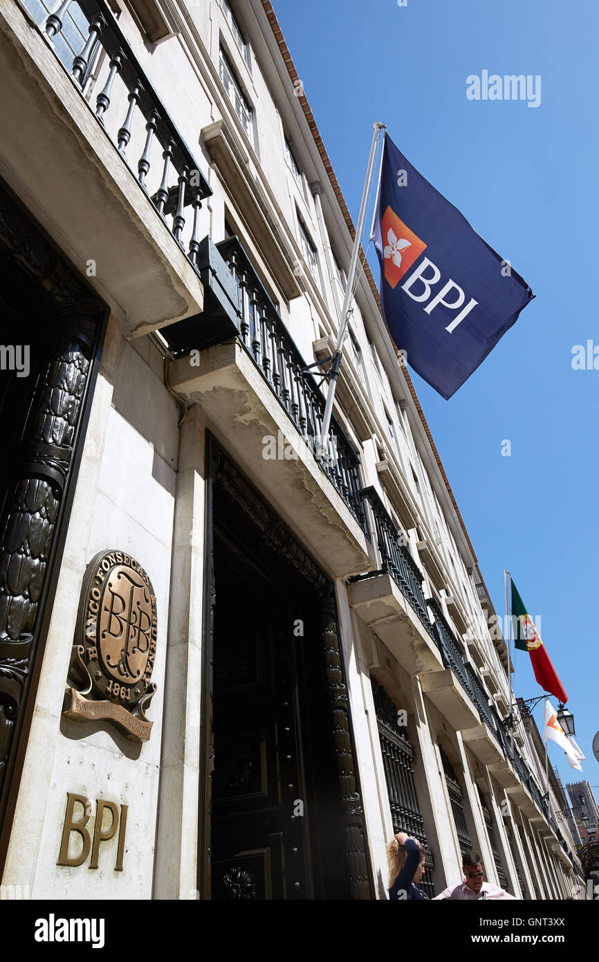 Lisbon, Portugal, emblem and flag of the bank BPI Stock Photo