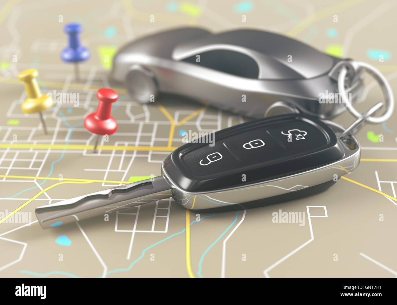 Car key on the map with local points of travel. Stock Photo