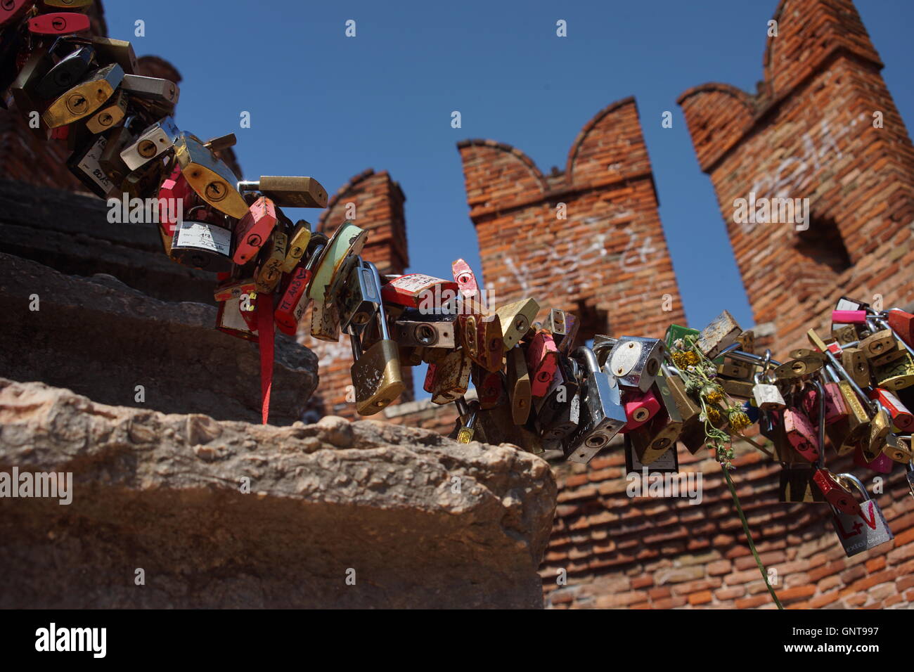 Love locks on the castle wall Stock Photo