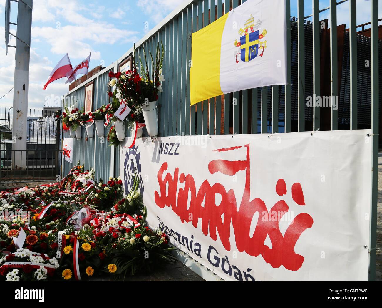 Flowers are laid in front of the Number 2 gate of the Gdansk shipyard during the 36th anniversary of the signing of the August agreements in Gdansk, Poland. Gate Number 2 of the Gdansk shipyard is the same gate from which Lech Walesa, the legendary leader of the Solidarity movement announced the termination of the strike and the signing of the August Agreements. However, former President Lech Walesa was not in attendance due to the political infighting and accusations that have been directed at him from the current governing party. The August agreements paved the way for the creation of the of Stock Photo