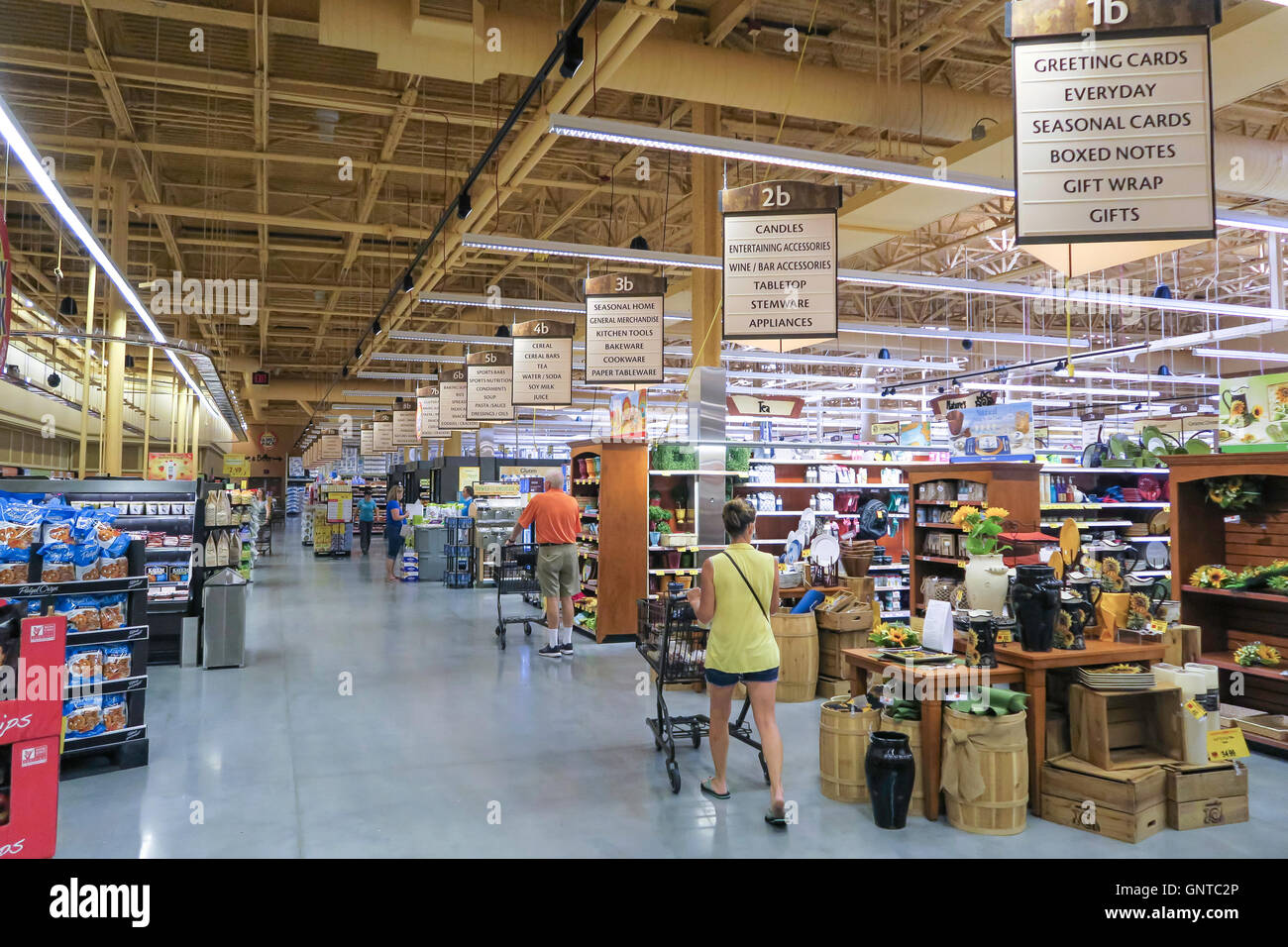 Overview of Store Interior with Aisle Signs, Wegmans Grocery Store, Westwood, Massachusetts, USA Stock Photo
