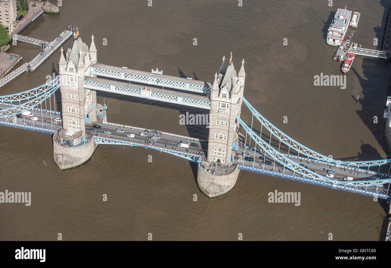 Aeriel view of Tower Bridge, London with a brown Thames in view Stock Photo