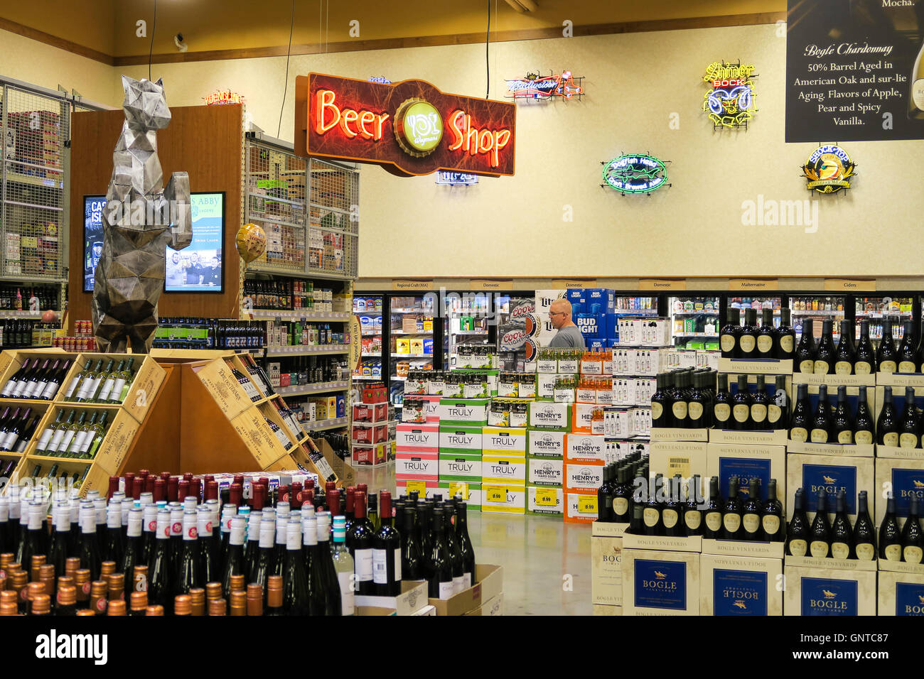 Wine and Beer Section, Wegmans Grocery Store, Westwood, Massachusetts, USA Stock Photo