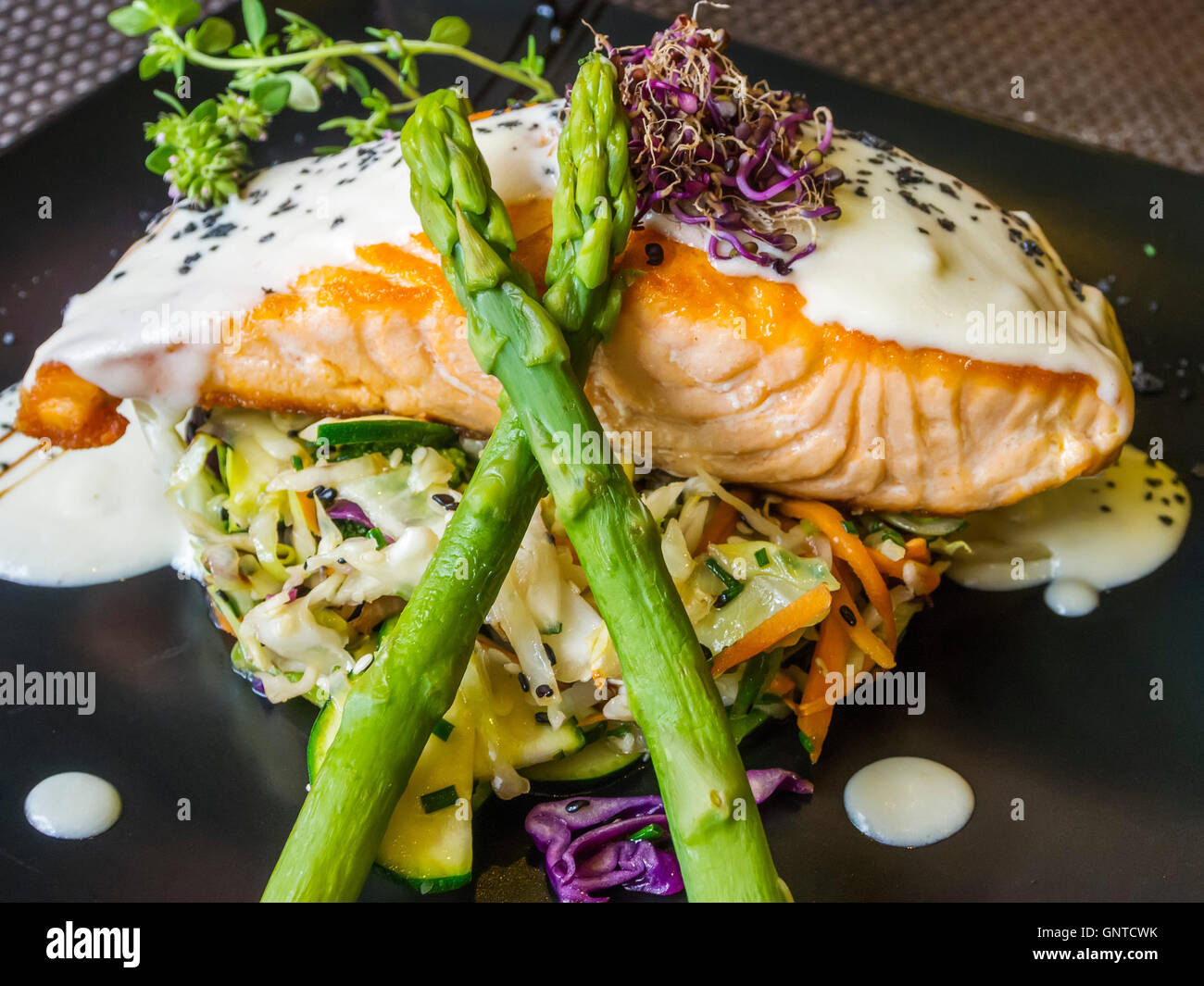 Dish grilled salmon with asparagus and vegetables, restaurant. Málaga