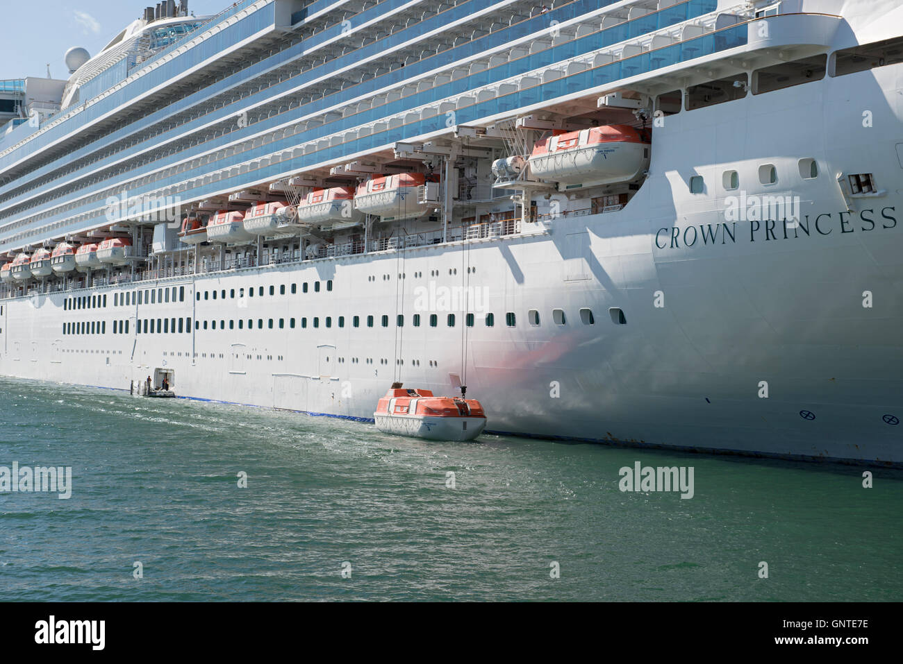 Lifeboat from Crown Princess Cruise Ship Lowered Into Water, San Diego Bay, San Diego, California Stock Photo