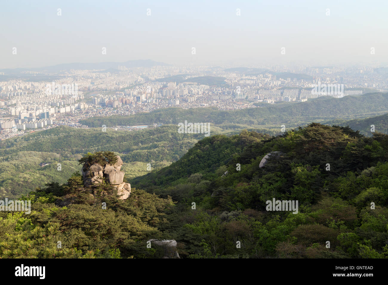 View of the city far away from above, crag and lush forest at the Bukhansan National Park in Seoul, South Korea. Stock Photo