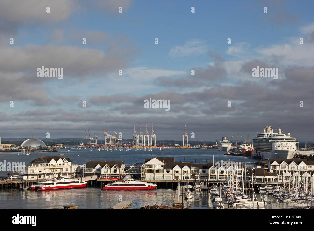 Southampton from docks, with cruise ships and Red Funnel ferry boats in foreground. Stock Photo