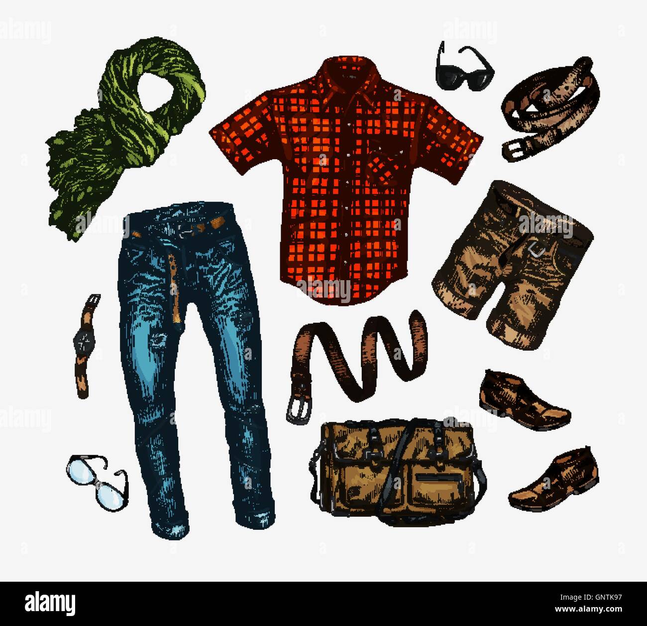 Set of trendy men s clothes. Outfit man neckerchief, shirt, bag, jeans, pants, shorts, leather belt, shoes Stock Vector