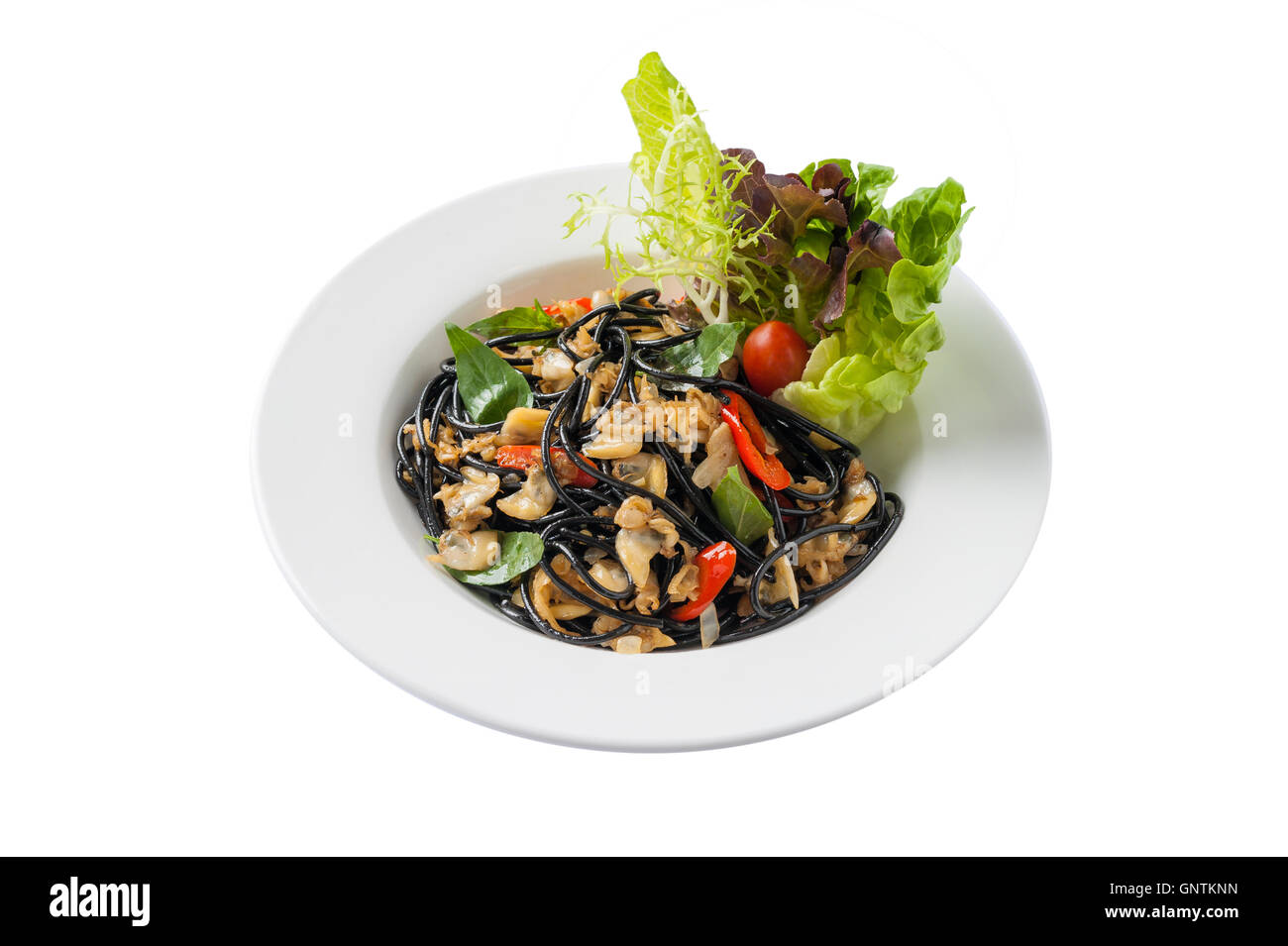 Front view of Italian and Thai fusion food style spicy black pasta with