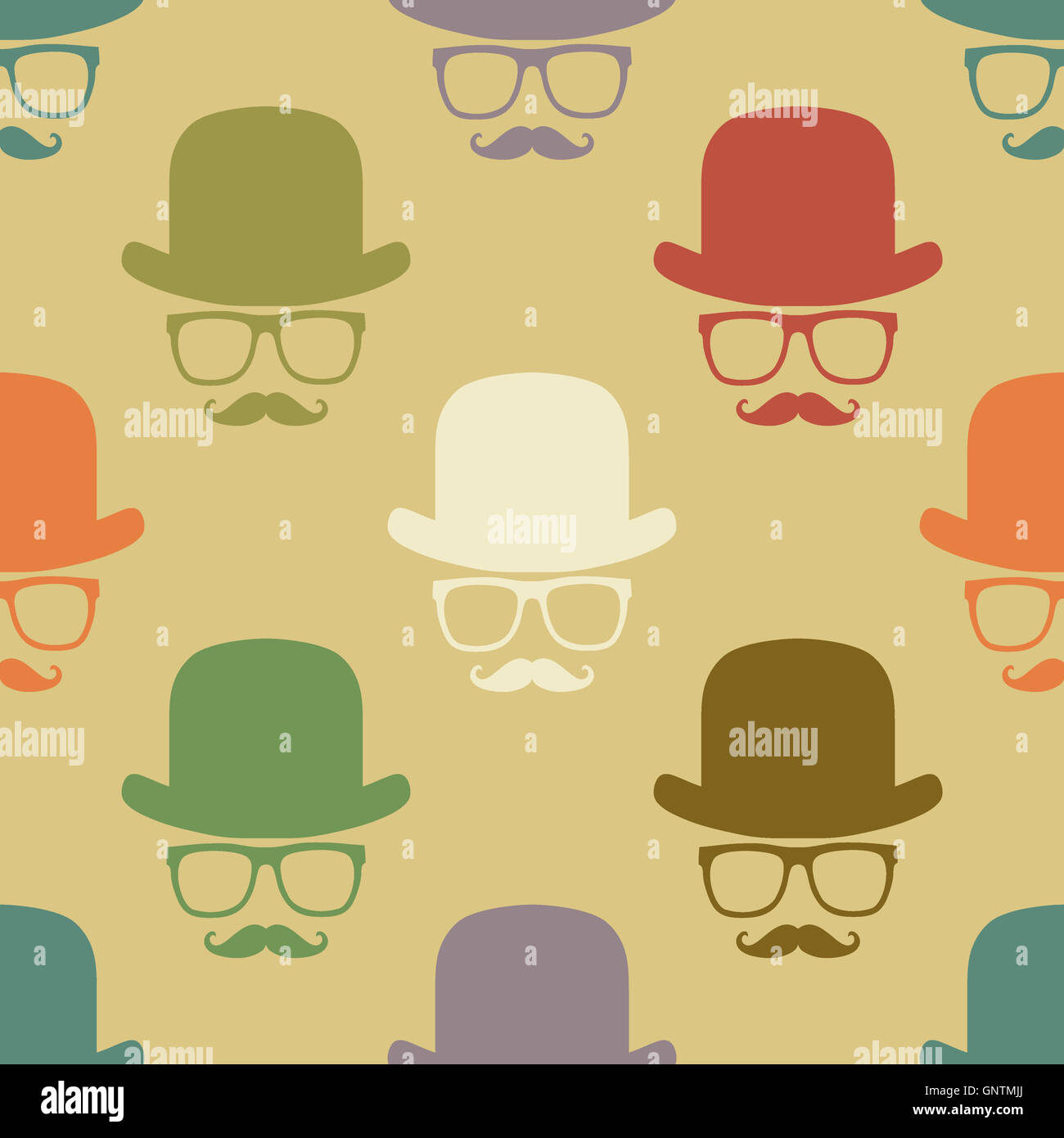 Vintage hipster hat and mustache symbol seamless pattern Stock Photo ...