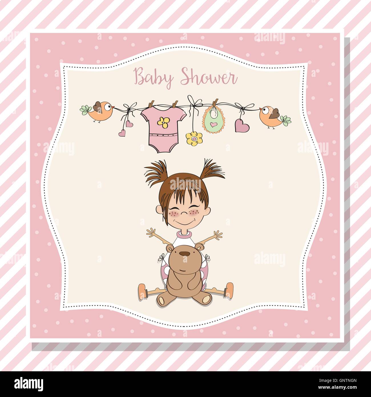 baby girl shower card with little girl and her teddy bear Stock Vector ...