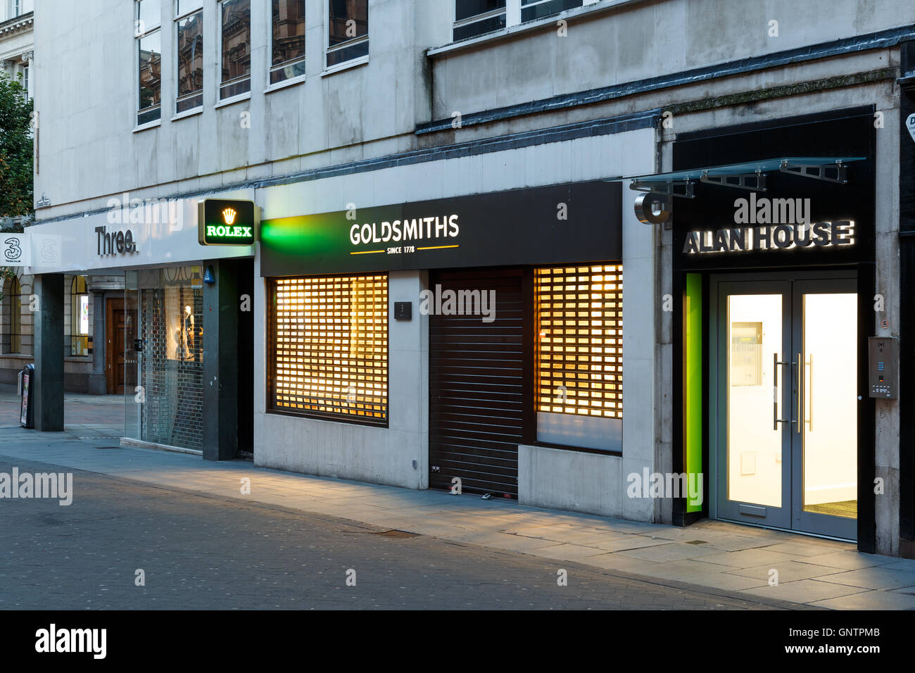 Goldsmiths jewellery store at night on Clumber Street. In Nottingham ...