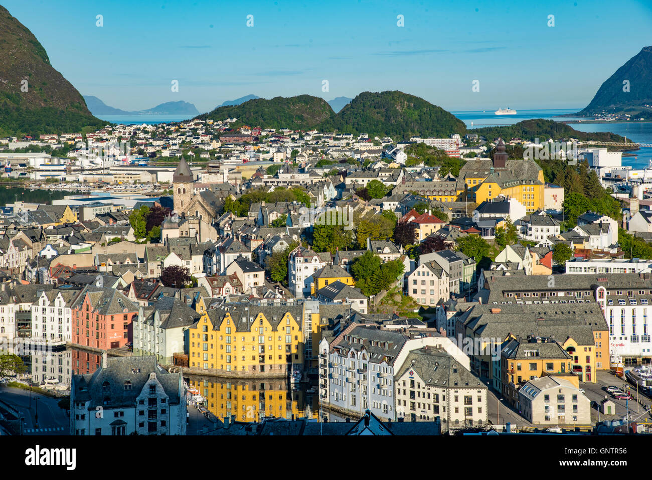 View of Alesund from Fjellstua, Mt. Aksla,Kevin Lookout, Alesund, Norway, More Og Romsdal, Scandanavia Stock Photo