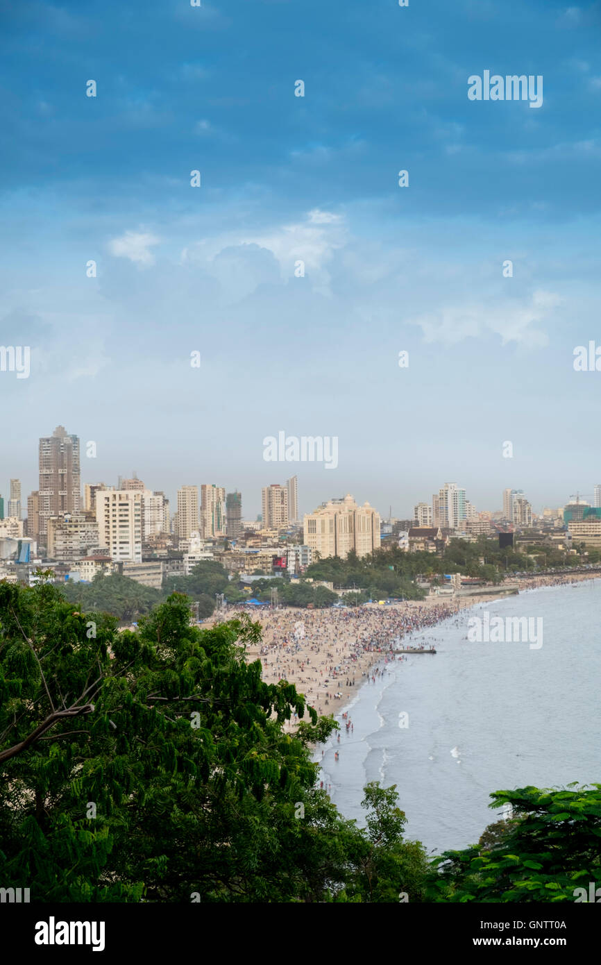 Chowpatty Beach, Mumbai Central Business District and Marine Drive in downtown Mumbai Stock Photo