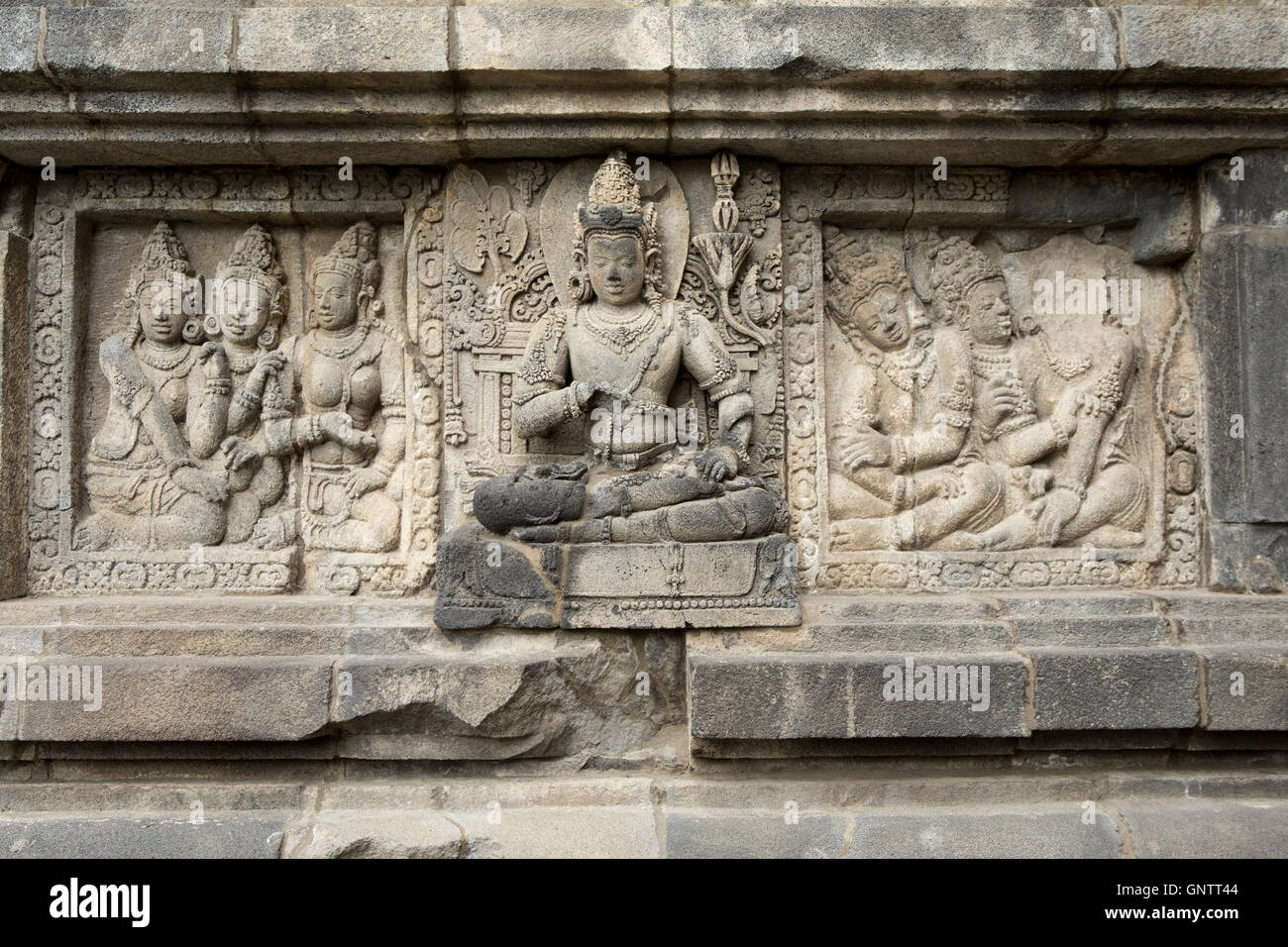 Hindu temple carvings at the Prambanan Unesco World Heritage site in Java Stock Photo
