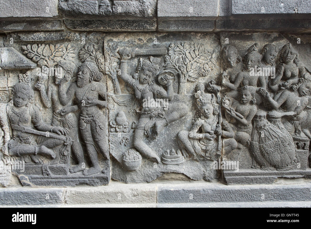 Hindu temple carvings at the Prambanan Unesco World Heritage site in Java Stock Photo