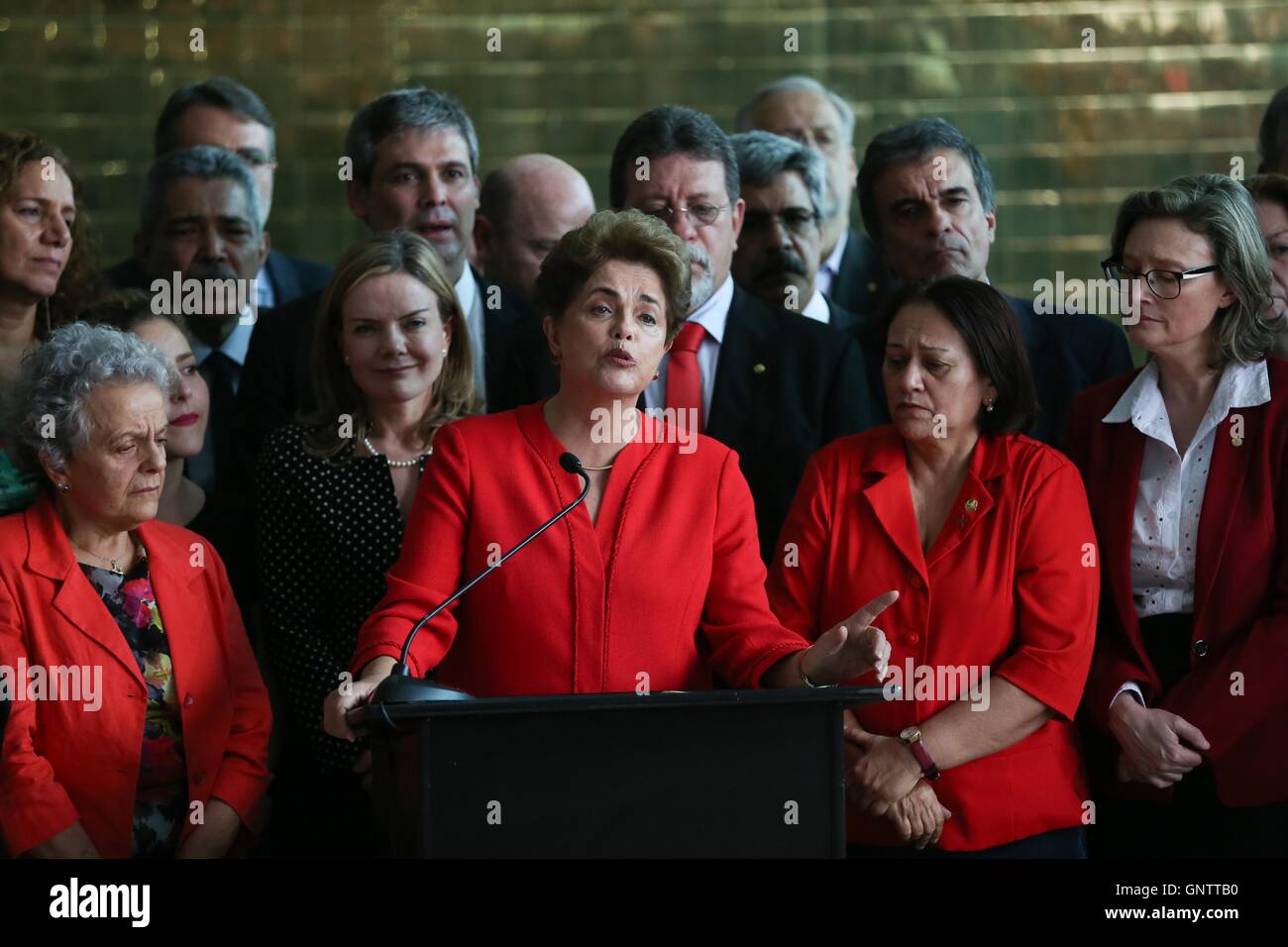 Brazilian President Dilma Rousseff addresses the media from the Alvorada Place following her impeachment by Congress August 31, 2016 in Brasilia, Brazil. Rousseff called the impeachment a coup and will now step down replaced by Vice President Michel Temer. Stock Photo