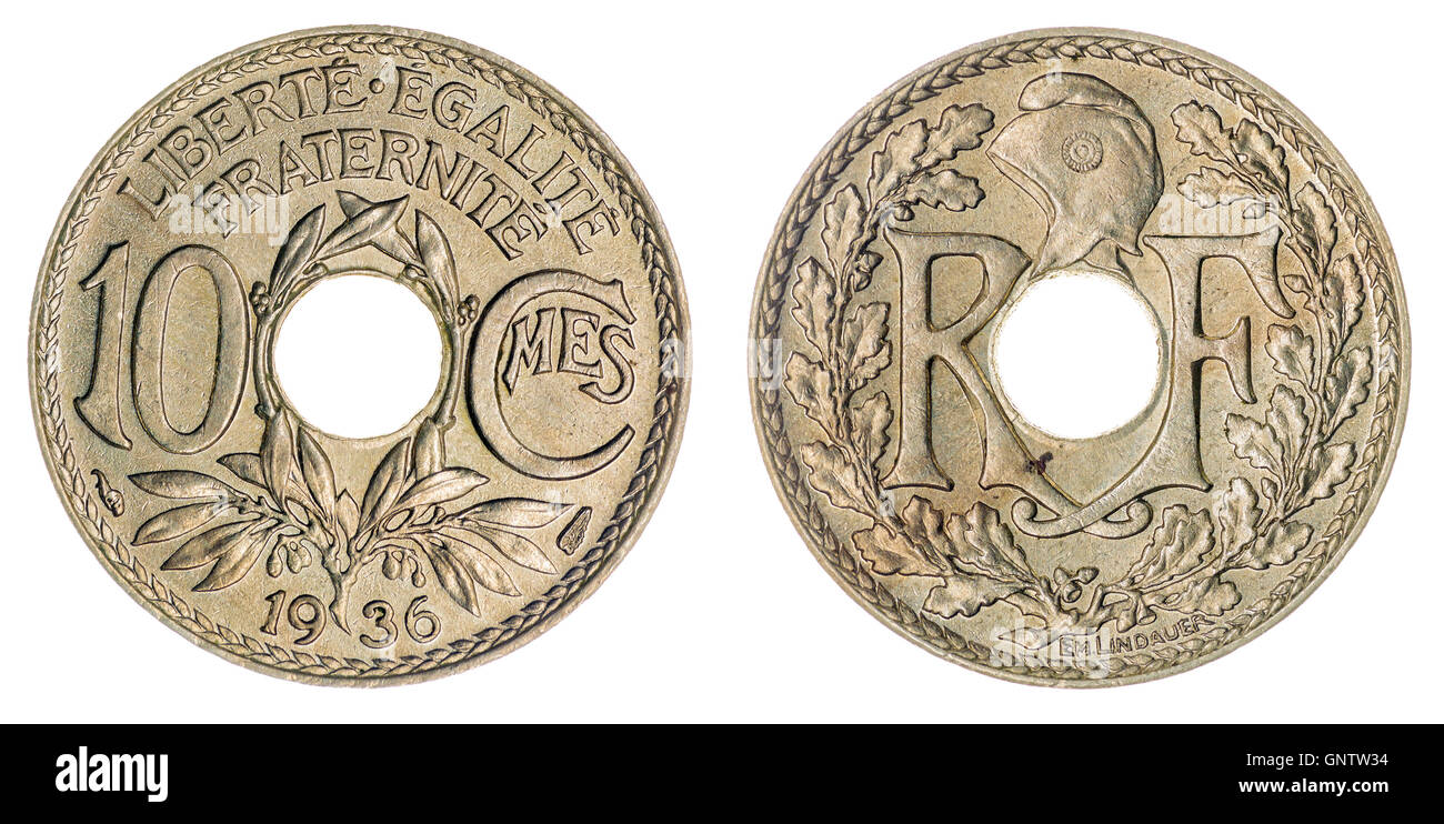 Nickel 10 centimes 1936 coin isolated on white background, France Stock
