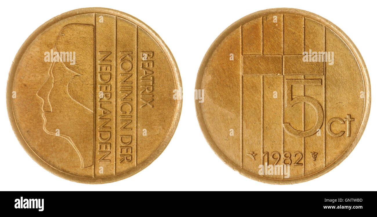 Bronze 5 cents 1982 coin isolated on white background, Netherlands