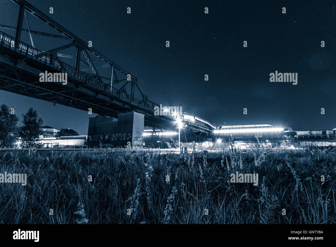 bridge and train station at night ( gleisdreick, Berlin) Stock Photo