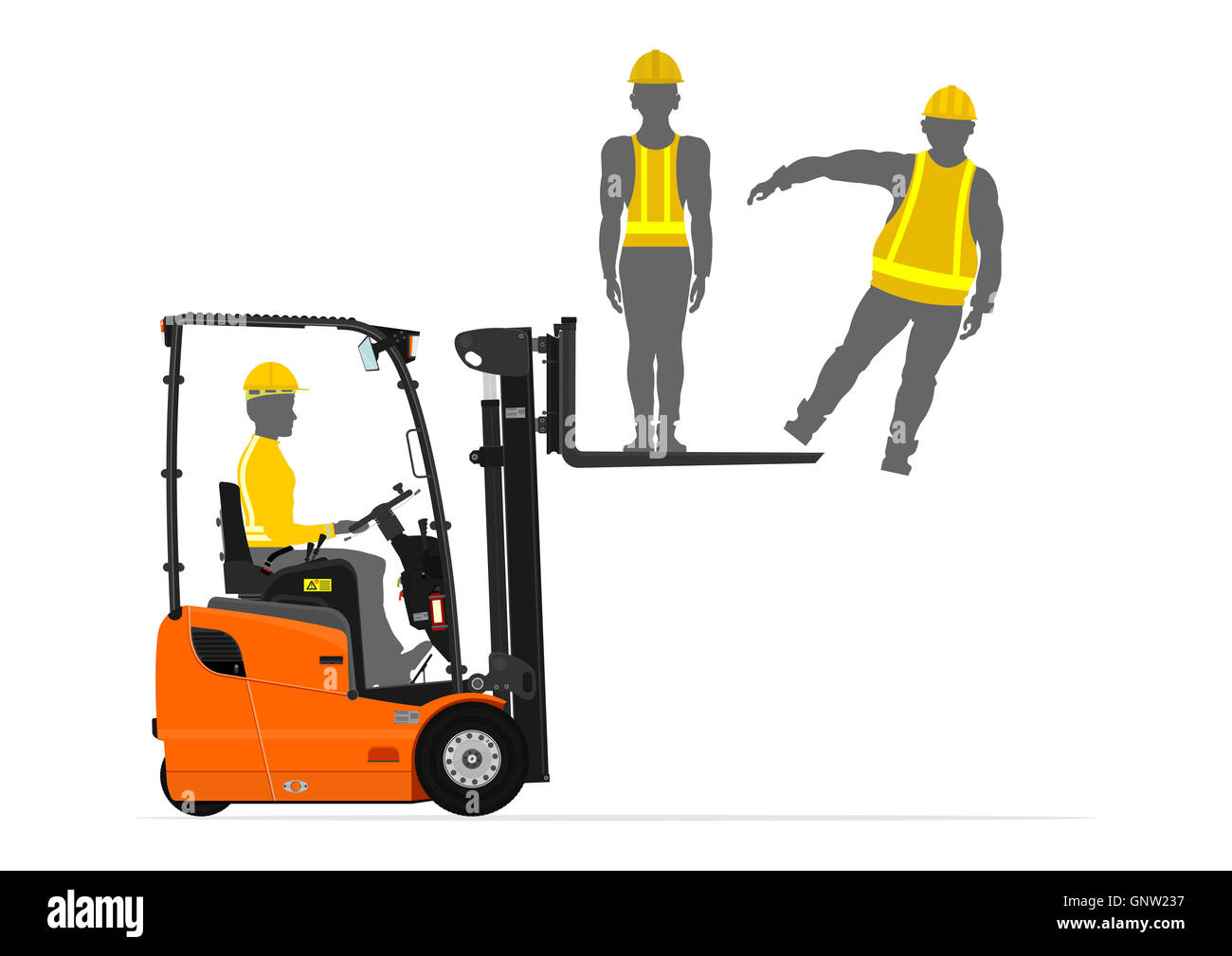 Counterbalance forklift truck lifting people on its fork Stock Photo