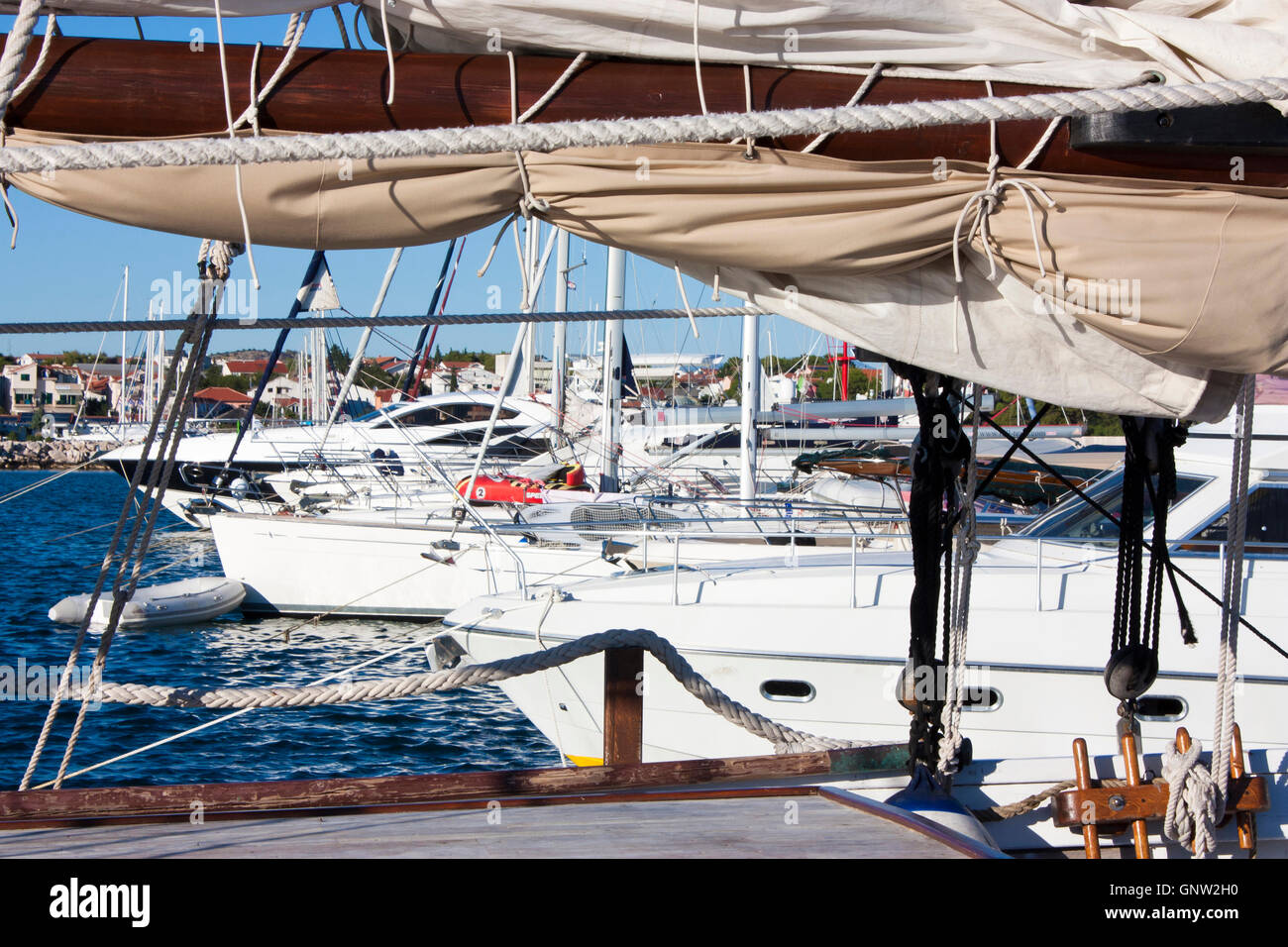 Sailboats and yachts  anchored in Vodice marina, Croatia Stock Photo