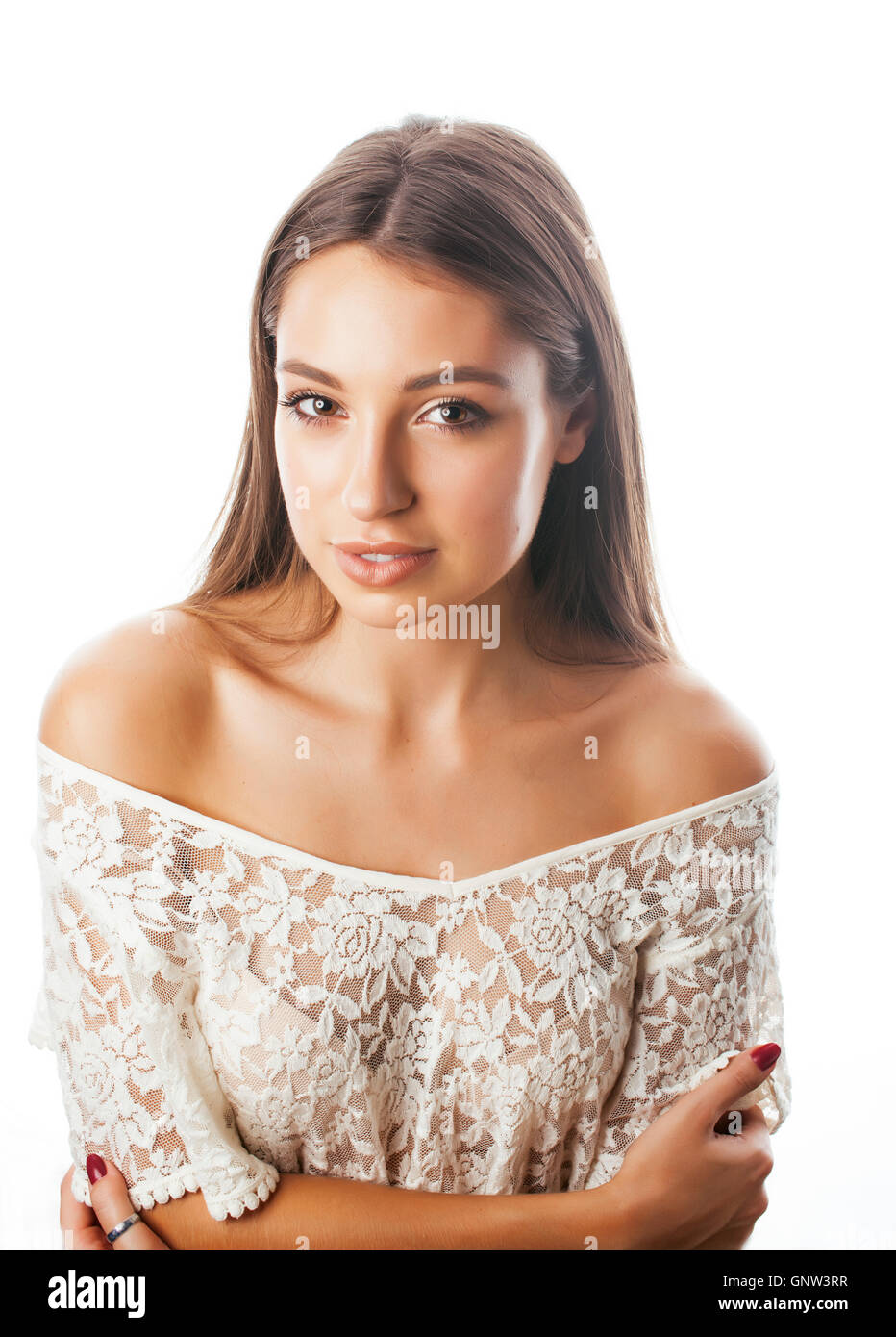young beauty woman smiling dreaming isolated on white close up ...