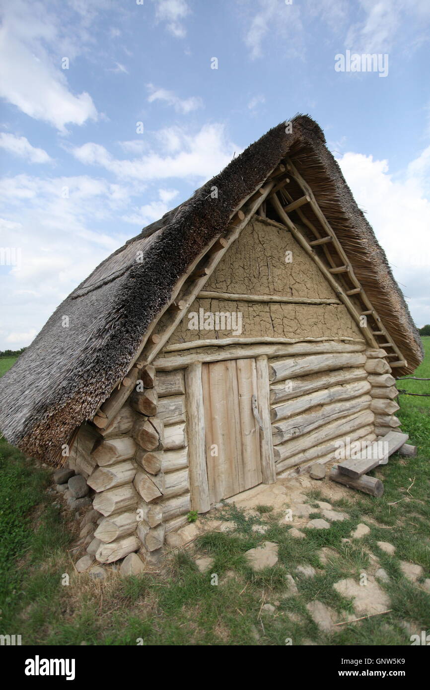 Replica of a house from the bronze age at the archaeological site in Nizna Mysla, Slovakia. Stock Photo