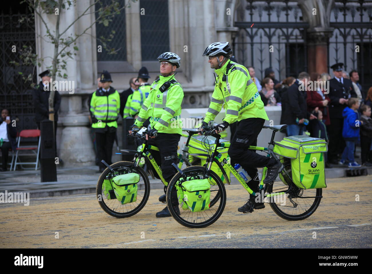 Medics of St John Ambulance on bikes, London. Stock Photo