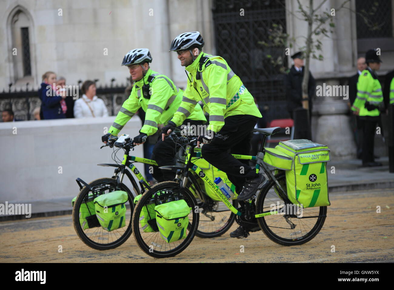 Medics of St John Ambulance on bikes, London. Stock Photo