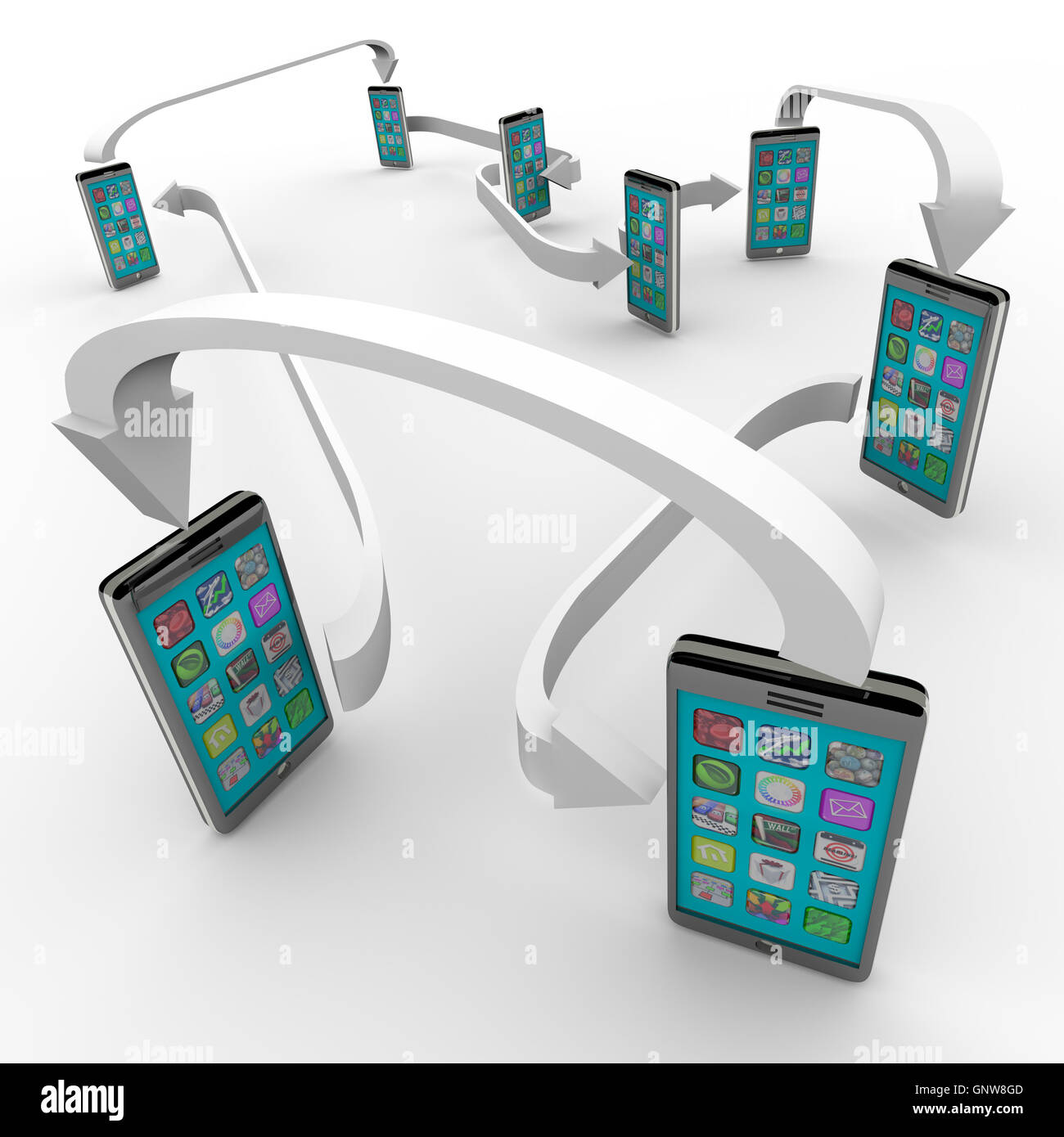 Connected Smart Phones Cell Phone Communication Links Stock Photo