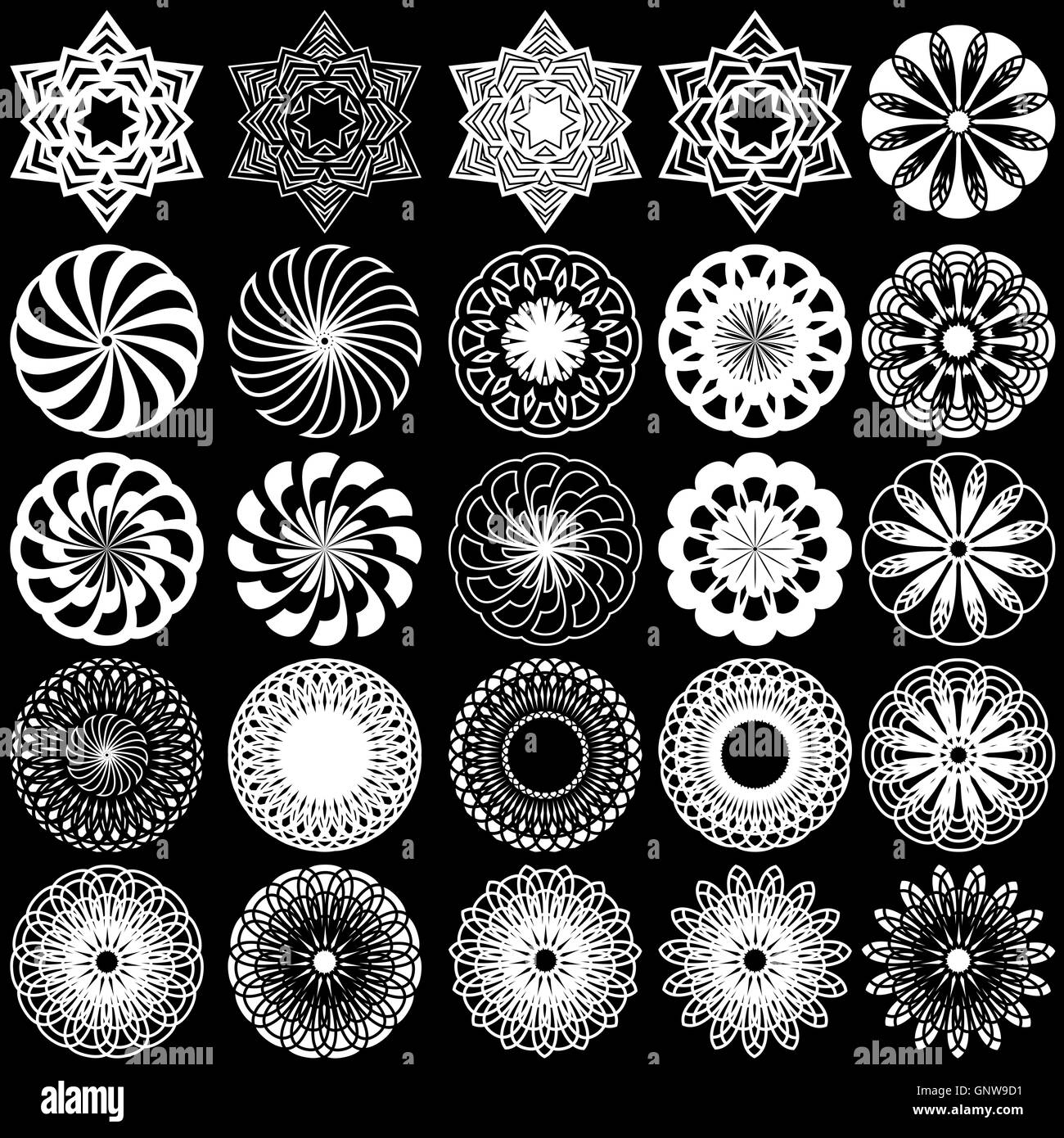 Set of twenty five white ornamental rotated objects on the black background, monochrome symmetrical vector stencils Stock Vector