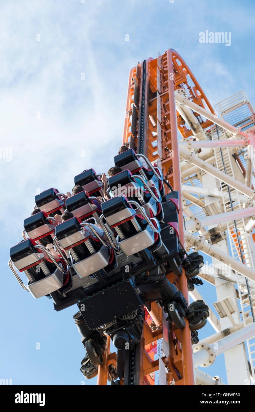 Rear view of car being towed up the initial drop of Thunderbolt ...