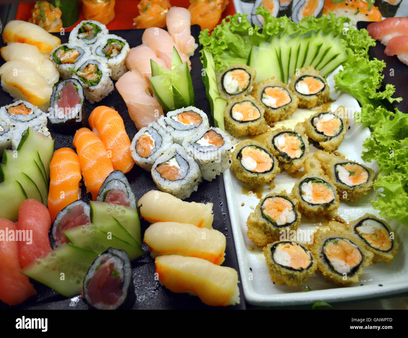 japanese food sushi and sashimi tuna fish and salmon Stock Photo - Alamy