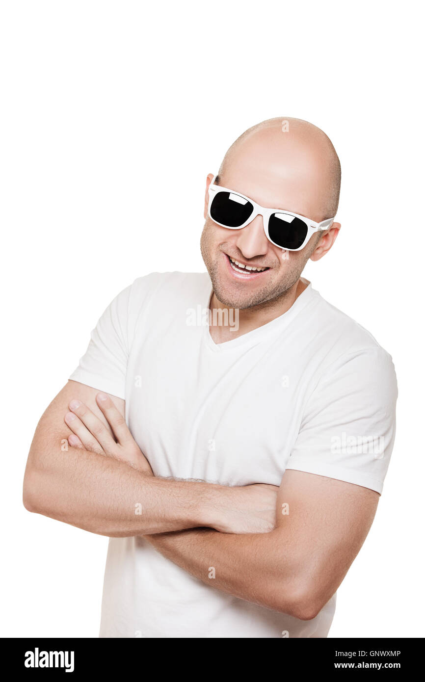 Smiling bald head man in sunglasses Stock Photo