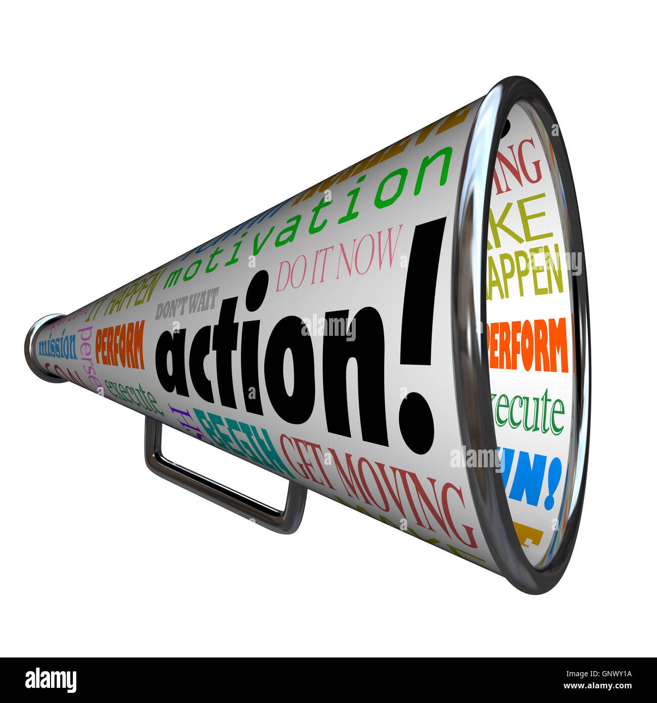 Action Words Bullhorn Megaphone Motivation Mission Stock Photo