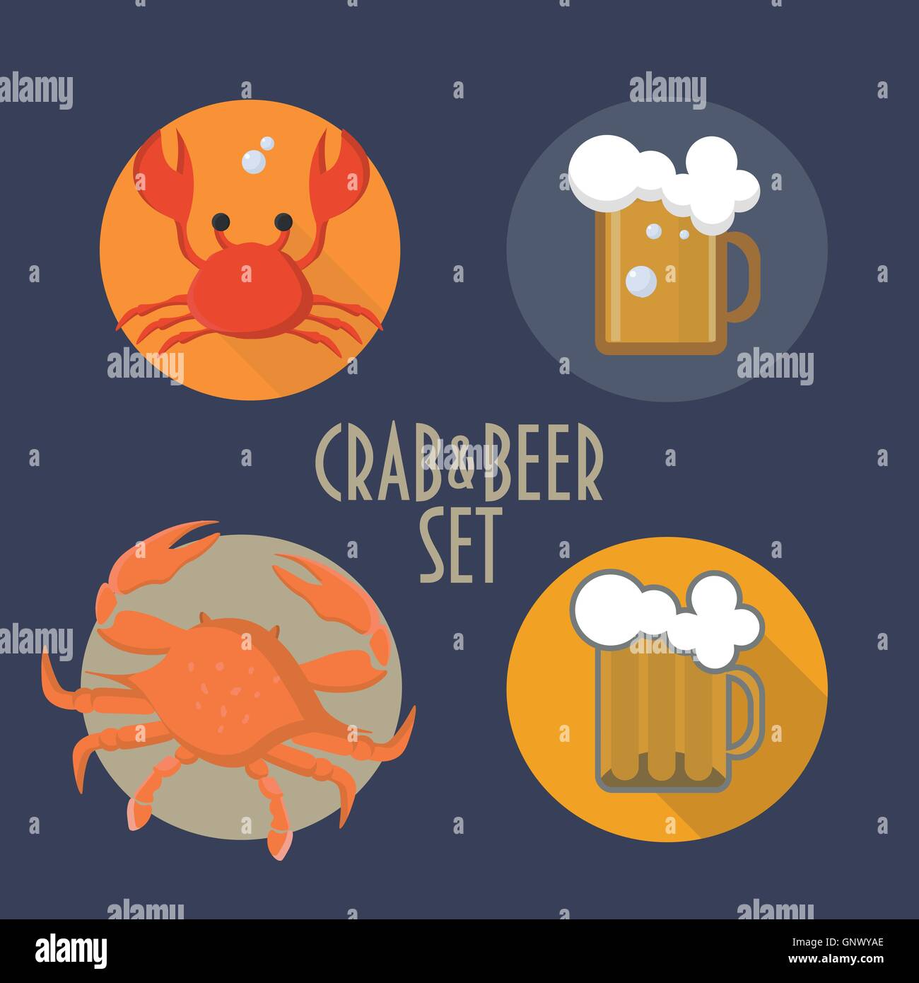 Crab and beer icons set. Crab and beer festival. Crab icon. Beer Mug icon. Stock Vector